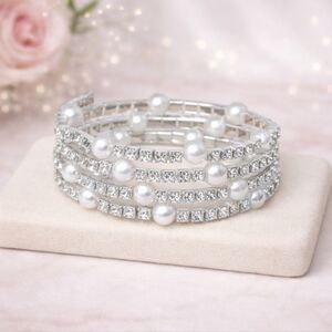 Pearl and Rhinestone Silvertone Coil Wrap Bracelet